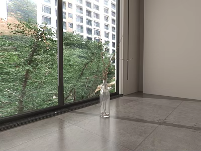 Room With Large Window Green Trees Outside Light Wall Transparent Vase On Gray Floor 3d model