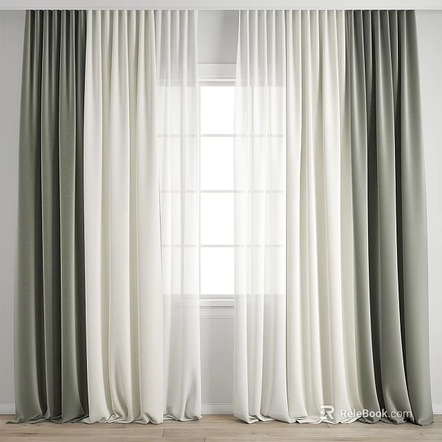 Gray And White Curtains With Sheer Layers For Modern Window Design 3d model