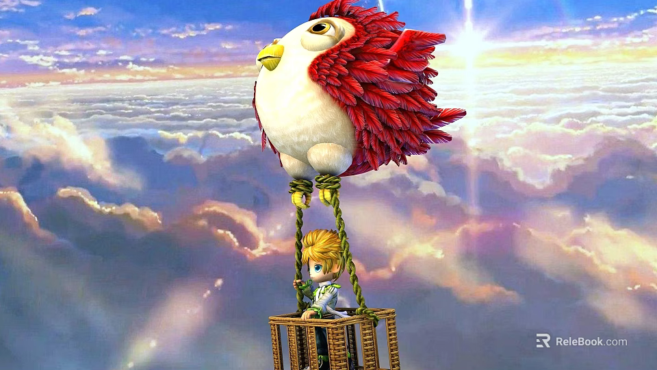 Red Feathered Bird Flying With Little Boy In Basket Over Clouds Under Sun 3d model 