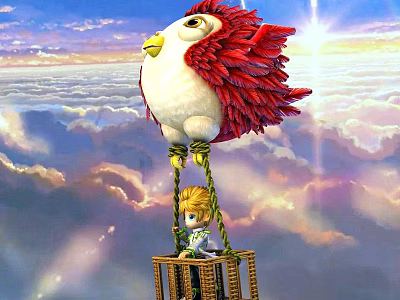 Red Feathered Bird Flying With Little Boy In Basket Over Clouds Under Sun 3d model