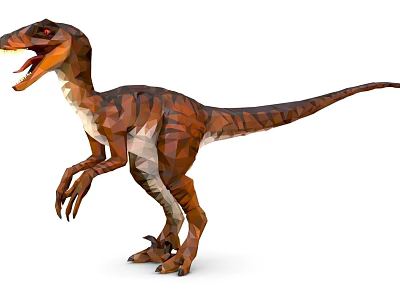 Realistic 3D Velociraptor Model With Brown Orange Stripes Standing Open Mouth 3d model