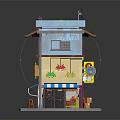 Two Story Small Shop Building With Blue Yellow Exterior Red Signage Striped Awning And Roof Plants