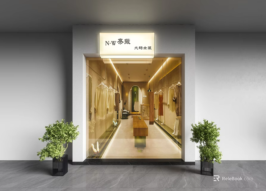 Modern Clothing Storefront With Glass Window Display Green Plants And Warm Lighting 3d model 