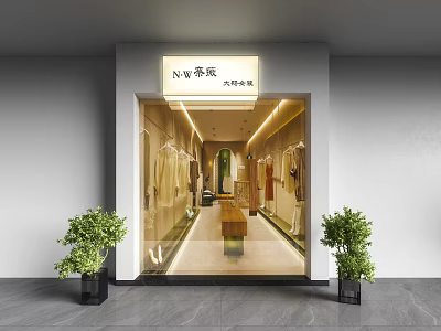Modern Clothing Storefront With Glass Window Display Green Plants And Warm Lighting 3d model