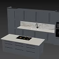 Modern Gray Kitchen Cabinets With Marble Island Countertop And Oven