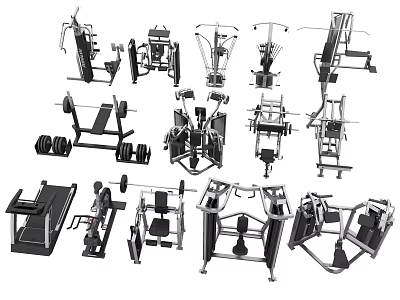 Diverse Sports Equipment Collection With Treadmill Dumbbells Weight Bench And Fitness Machines 3d model