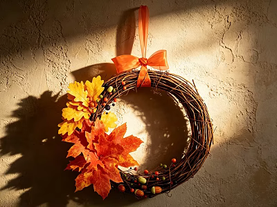 Autumn Themed Decorative Ornament Set With Wicker Wreath Maple Leaves And Orange Bow 3d model