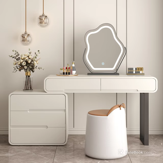 Modern White Dressing Table with LED Lit Mirror Cosmetics Flower Vase Drawer Cabinet and Stool 3d model 
