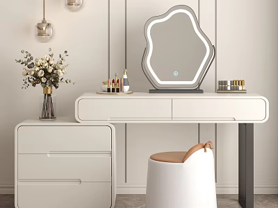 Modern White Dressing Table with LED Lit Mirror Cosmetics Flower Vase Drawer Cabinet and Stool 3d model