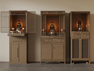 Three Design Wooden Buddhist Shrine Cabinets Featuring Buddha Statues And Decorations 3d model