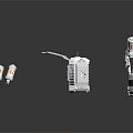 Futuristic Silver Weapon with Red Details and Mechanical Design alongside Companion Devices and Cylindrical Components