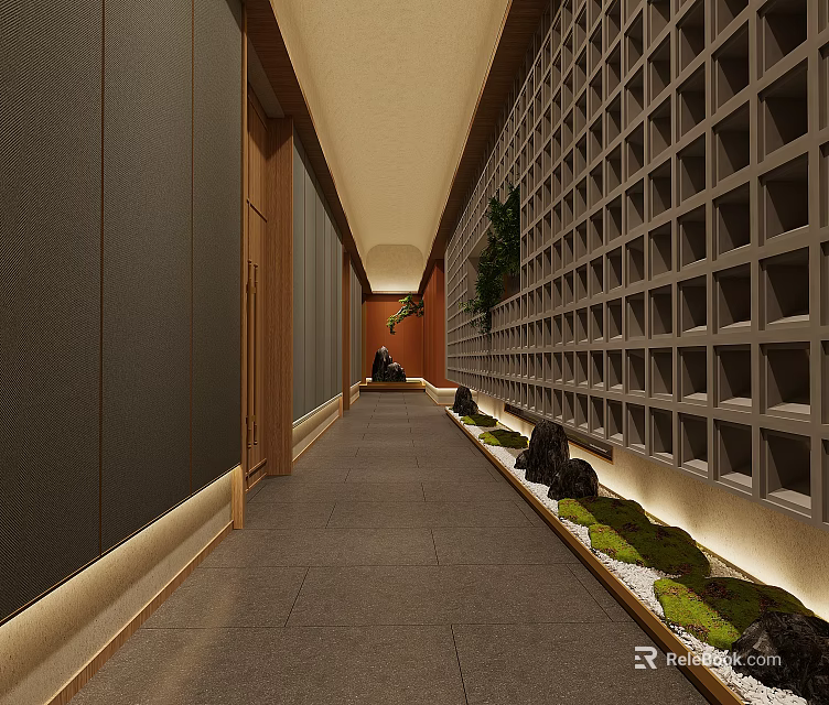 Elegant Hotel Corridor with Grid Patterned Walls Gray Tiled Floor and Green Plant Accents 3d model 