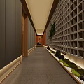 Elegant Hotel Corridor with Grid Patterned Walls Gray Tiled Floor and Green Plant Accents