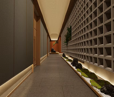 Elegant Hotel Corridor with Grid Patterned Walls Gray Tiled Floor and Green Plant Accents 3d model
