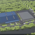 Aerial Planning Industrial Complex Layout with Blue Rooftops Gray Structure Roads and Waterbody