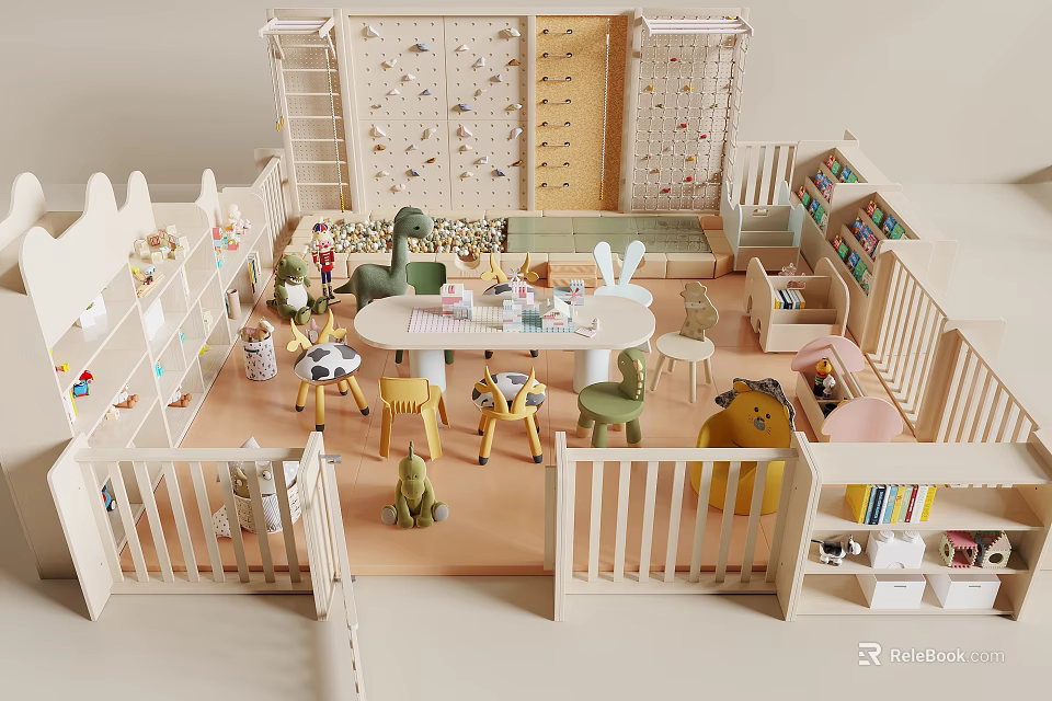 Kids Play Area Featuring Wooden Climbing Wall Play Structures Toys Tables Chairs And Bookshelves 3d model 