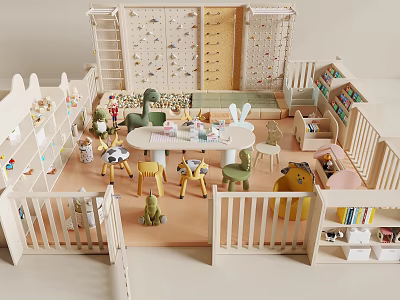 Kids Play Area Featuring Wooden Climbing Wall Play Structures Toys Tables Chairs And Bookshelves 3d model