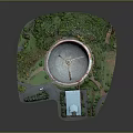 Radio Telescope Model With Circular Dish Surrounded By Greenery Paths And Small Building