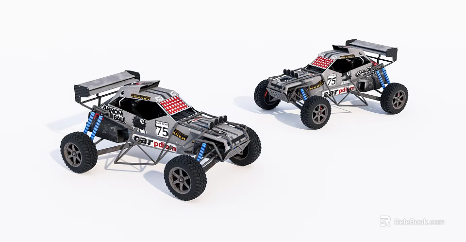 Two RC Off Road Desert Buggies With Number 75 And 5 And REDT Logo 3d model 