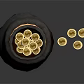 Brown Leather Pouch With Gold Coins And Stacked Coin Piles