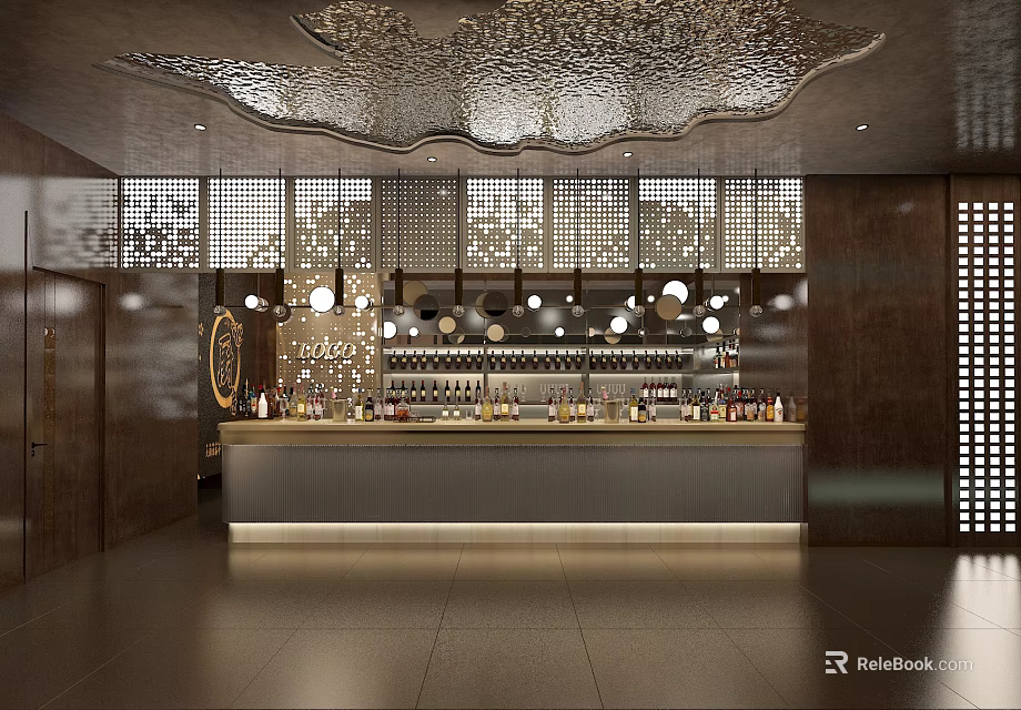 Modern Elegant Hotel Lobby With Bar Counter Pendant Lights Wooden Decor And Wine Racks 3d model 