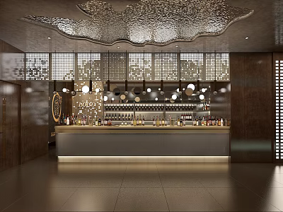 Modern Elegant Hotel Lobby With Bar Counter Pendant Lights Wooden Decor And Wine Racks 3d model