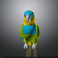 Colorful Blue Yellow Green Plush Parrot Toy Standing on Gray Background