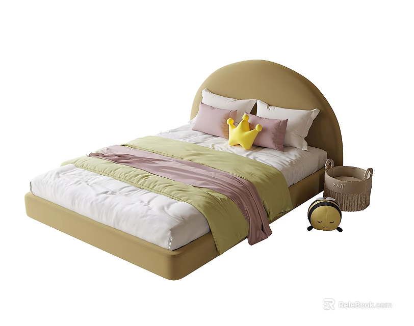 Kids Bed with Beige Arched Headboard Pink Pillows Yellow Crown Side Basket and Alarm Clock 3d model 