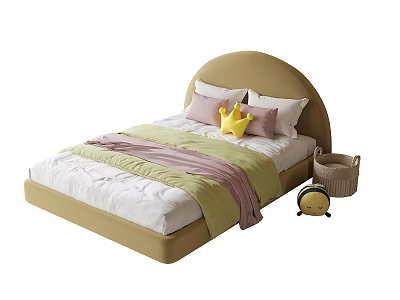 Kids Bed with Beige Arched Headboard Pink Pillows Yellow Crown Side Basket and Alarm Clock 3d model