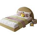 Kids Bed with Beige Arched Headboard Pink Pillows Yellow Crown Side Basket and Alarm Clock