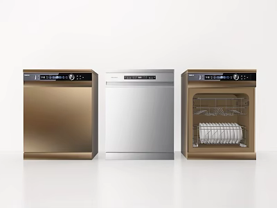 Kitchen Appliances Modern Dishwashers in Gold and Silver with Dishes Inside 3d model