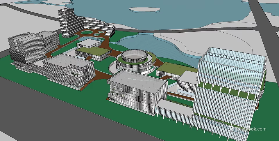Modern Office Complex Aerial View With Landscaped Areas And Water Features 3d model 