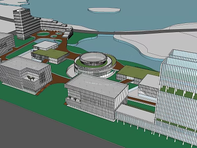 Modern Office Complex Aerial View With Landscaped Areas And Water Features 3d model