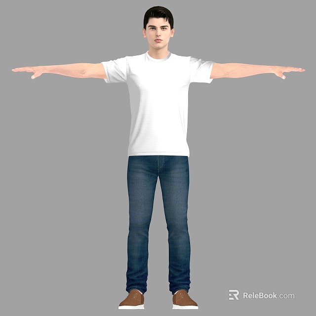 Man in White T-Shirt and Blue Jeans Standing with Arms Outstretched on Gray Background 3d model 