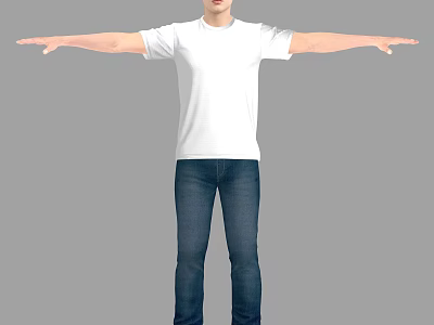Man in White T-Shirt and Blue Jeans Standing with Arms Outstretched on Gray Background 3d model
