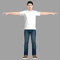 Man in White T-Shirt and Blue Jeans Standing with Arms Outstretched on Gray Background