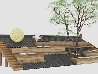 Landscape Seats With Wooden Steps Black Tiles Round Glowing Sphere Tree White Decorations And Cushions 3d model
