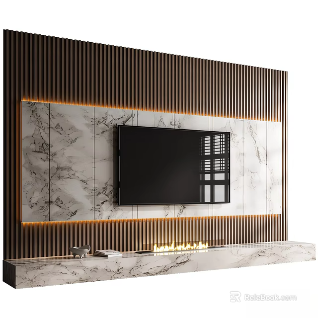 TV Wall Design With Marble Panels Wooden Slats And LED Lights 3d model 
