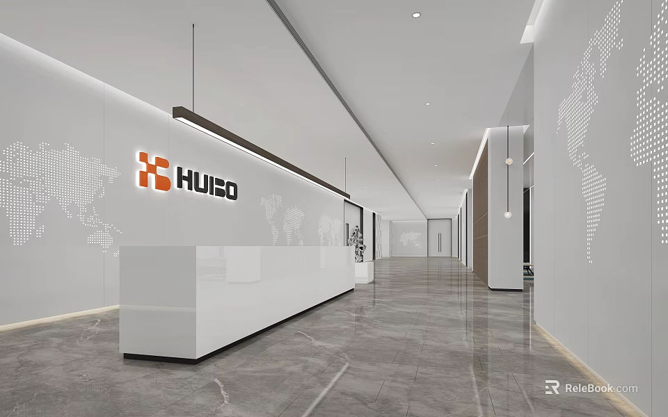 Modern Minimalist Corporate Reception Desk With Custom Brand Logo In Bright Spacious Marble Office Lobby 3d model 