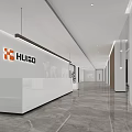 Modern Minimalist Corporate Reception Desk With Custom Brand Logo In Bright Spacious Marble Office Lobby