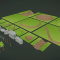 Cartoon Scene Featuring Green Terrain Various Shaped Trees Scattered Rocks And Divided Grass Plots