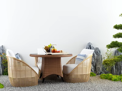 Natural Wicker Outdoor Sofa With Round Table And Green Plants In Garden 3d model