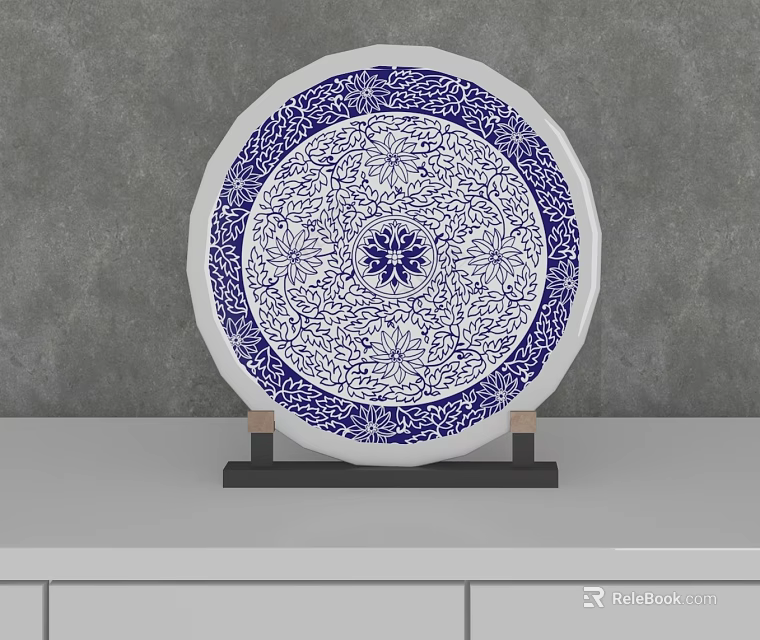 Blue And White Floral Decorative Ornament Set On Black Stand With Gray Wall 3d model 