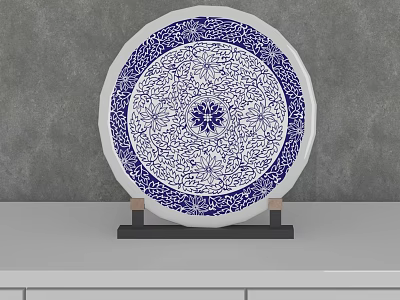 Blue And White Floral Decorative Ornament Set On Black Stand With Gray Wall 3d model