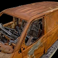 Rusted Damaged Van With Burnt Body And Broken Metal Parts