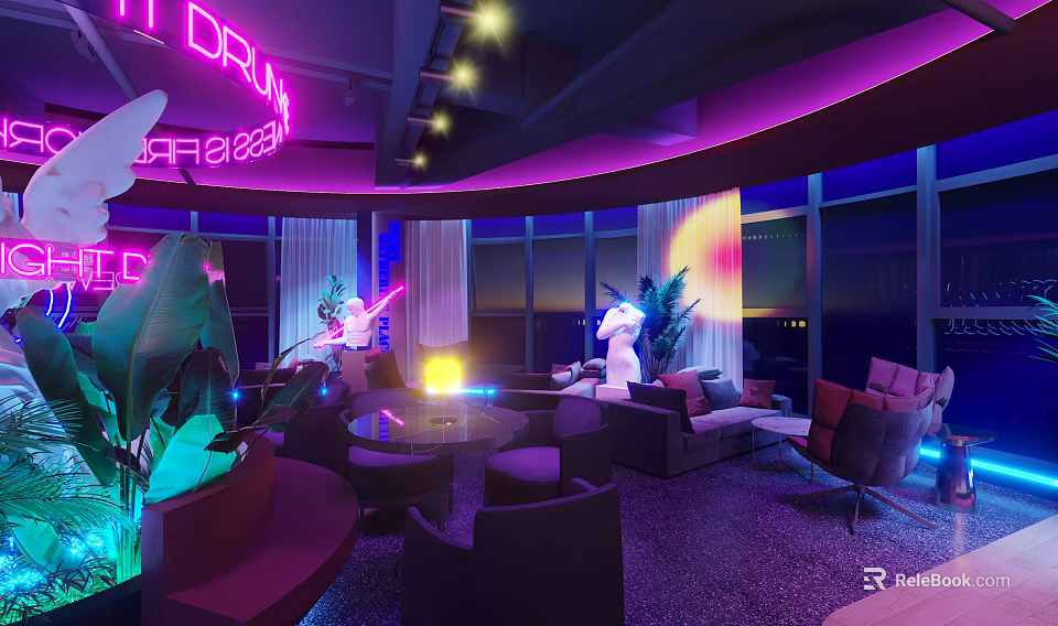 Stylish Bar Interior With Neon Lighting Purple Hue Sofa Area Plants Large Windows Night View 3d model 