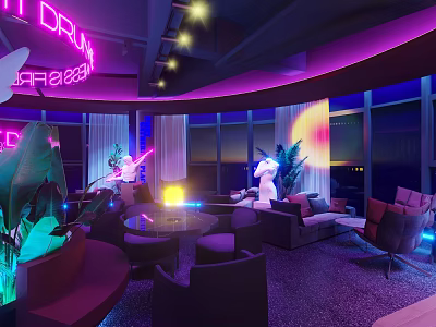 Stylish Bar Interior With Neon Lighting Purple Hue Sofa Area Plants Large Windows Night View 3d model