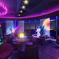 Stylish Bar Interior With Neon Lighting Purple Hue Sofa Area Plants Large Windows Night View