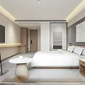 Modern Hotel Room Interior With King Bed White Bedding Wall Art Gray Rug And TV