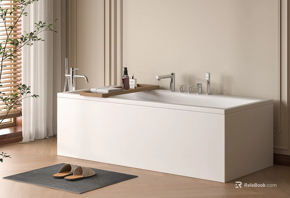 White Freestanding Bathtub in Bathroom with Beige Walls Bath Products Mat Slippers and Plants 3d model 